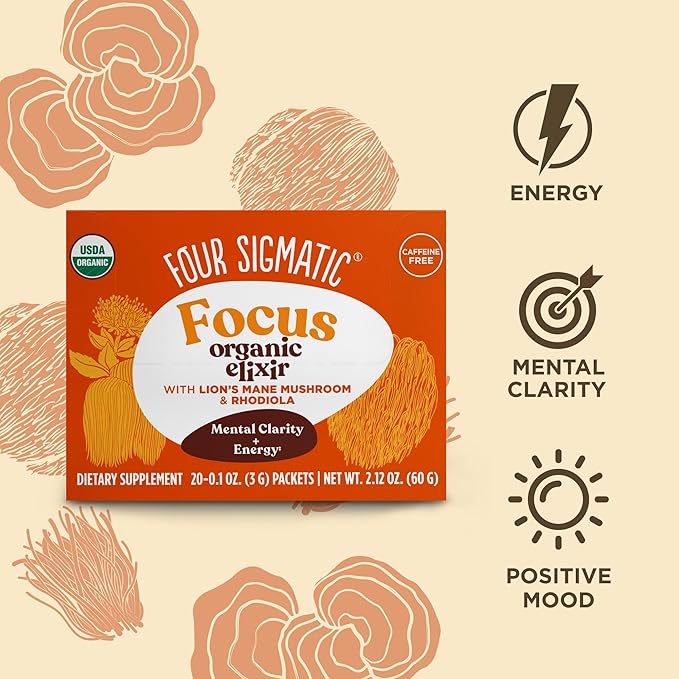 Four Sigmatic Lion's Mane Focus Elixir Mushroom Coffee Alternative | Organic Lion's Mane Mushroom Powder,Rhodiola & Rose Hips | Immune & Memory Support-| Paleo-|,20 Count (Pack of 2)