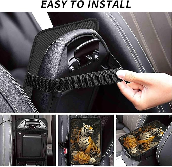 Universal Car Center Console Cushion Pad, Golden Flower Tiger Soft Waterproof Car Center Console Cover Auto Armrest Seat Box Cover Protector for Most Vehicle SUV Truck Car