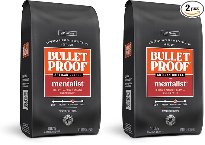 Bulletproof The Mentalist Medium-Dark Roast Ground Coffee, 12 Ounces, Clean Coffee Tested for Toxins, Packaging May Vary (Pack of 2)