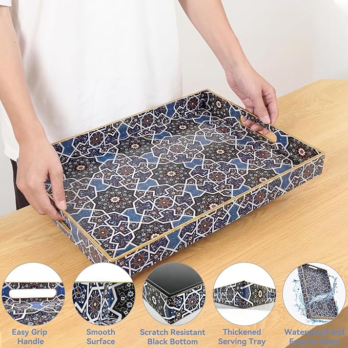 Coffee Table Trays for Living Room Serving Tray with Handles, Modern Large Tray for Ottoman Coffee Table