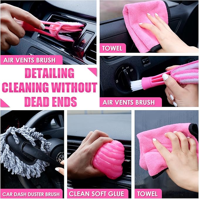 Viewsun 37pcs Car Cleaning Kit, Pink Car Interior Detailing Kit with High Power Handheld Vacuum, Detailing Brush Set, Windshield Cleaner, Cleaning Gel, Complete Car Cleaning Supplies for Women