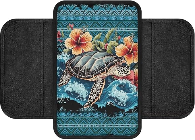 Boatee Turtle Flower Car Armrest Cushion Center Console Cover with 2 Pockets Console Mat Arm Rest Cover for Car Middle Console Organizer Universal Arm Rest Pad Stylish Interior Decor Blue