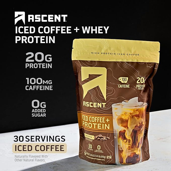 Ascent Iced Coffee Protein Powder - High Protein Coffee Powder, 20 g Protein & 100 mg Caffeine - 30 Servings
