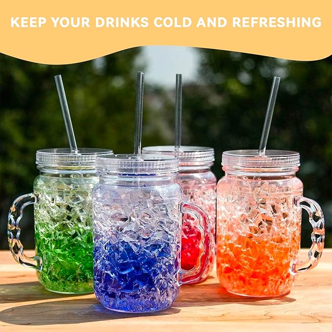 Lily's Home Old Fashioned Glasses with Lids Straws and Handles, 16 oz Set of 4 – Clear Acrylic Tumbler Cups with Color Accents, Reusable Party Drinkware for BBQ, Poolside, Outdoor Events & Home Bar