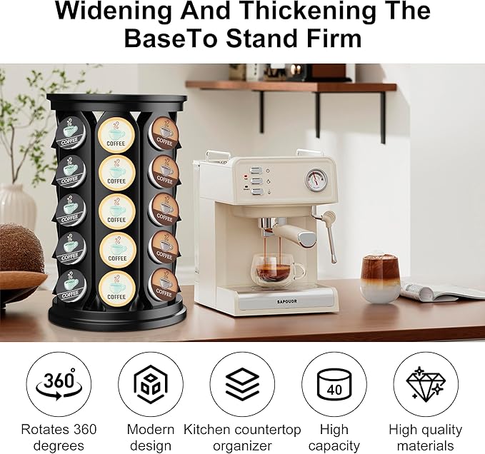 CEHNCEH K Cup Holder: Coffee Pod Carousel Organizer, Compatible with 40 Keurig K-Cup Pods, Spins 360-Degrees - Lazy Susan Platform, Home or Office Kitchen Counter Organize (Black)