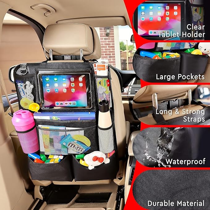Trail maker 2 Pack Backseat Car Organizer, Kick Mats Back Seat Protector with Touch Screen Tablet Holder, Back Seat Organizer for Kids, Travel Accessories with 9 Storage Pockets