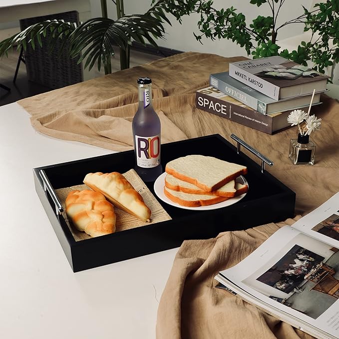 JJSQYLAN Wooden Serving Tray with Handles Rectangle Breakfast Tray for Coffee Table Decorative Ottoman Tray 16”x 12” for All Occasion's (Blck)