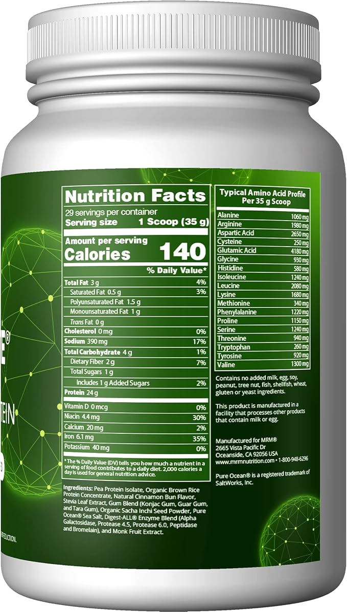 MRM Veggie Elite Performance Protein - Cinnamon Bun, Plant-Based Powder, 24g Protein per Serving with BCAAs & Digestive Enzymes, Clinically Tested - Vegan, Gluten-Free - 30 Servings