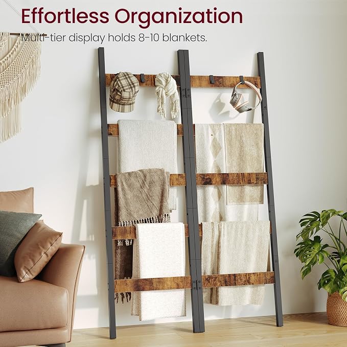 Foldable Blanket Ladder, 5-Tier Ladder Shelf, Decorative Ladder with 5 Removable Hooks, Wall-Leaning Blanket Holder for Towel, Scarves, Quilt Display Rack for Living Room, Rustic Brown