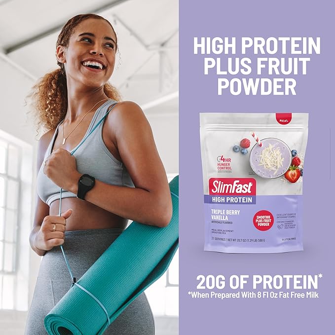 SlimFast High Protein Smoothie Mix Plus Fruit Powder, High Protein Meal Replacement Powder, Fiber, Vitamin C, 21 Servings, 1.29 Pounds, Triple Berry Vanilla (Packaging May Vary)