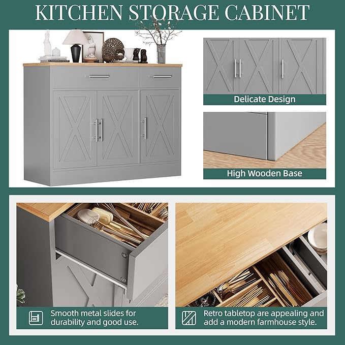 Shintenchi Modern Farmhouse Sideboard Buffet Cabinet with Storage with 3 Doors,42" Barn Doors Buffet Cabinet with Storage,Wood Coffee Bar Cabinets with Adjustable Shelf for Kitchen,Living Room,Grey