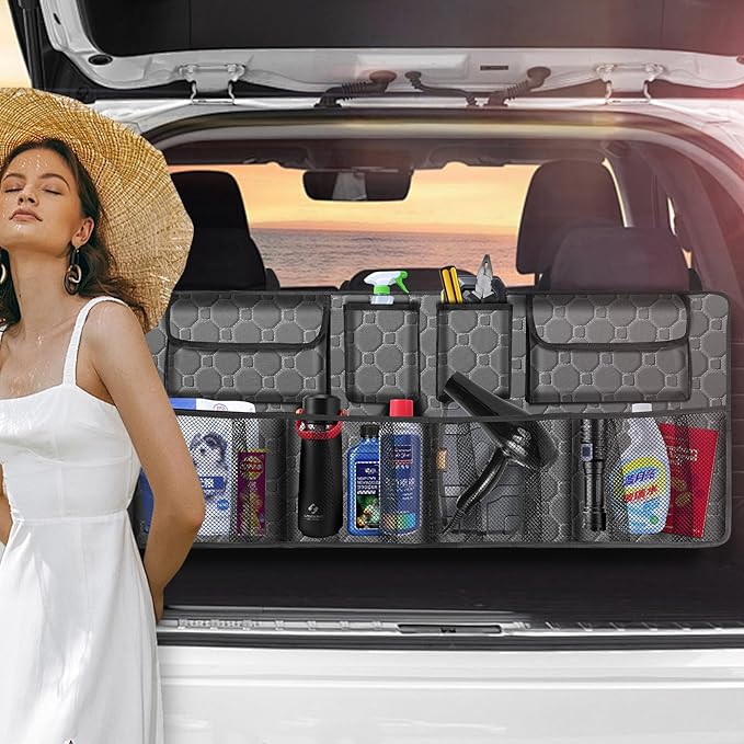 Car Trunk Organizer, Super Capacity Backseat Car Organizer for SUV/Truck/MPV(42"*18"), Hanging Car Storage Organizer with 8 Pocekts, Car Accessories for Women and Men- Grey