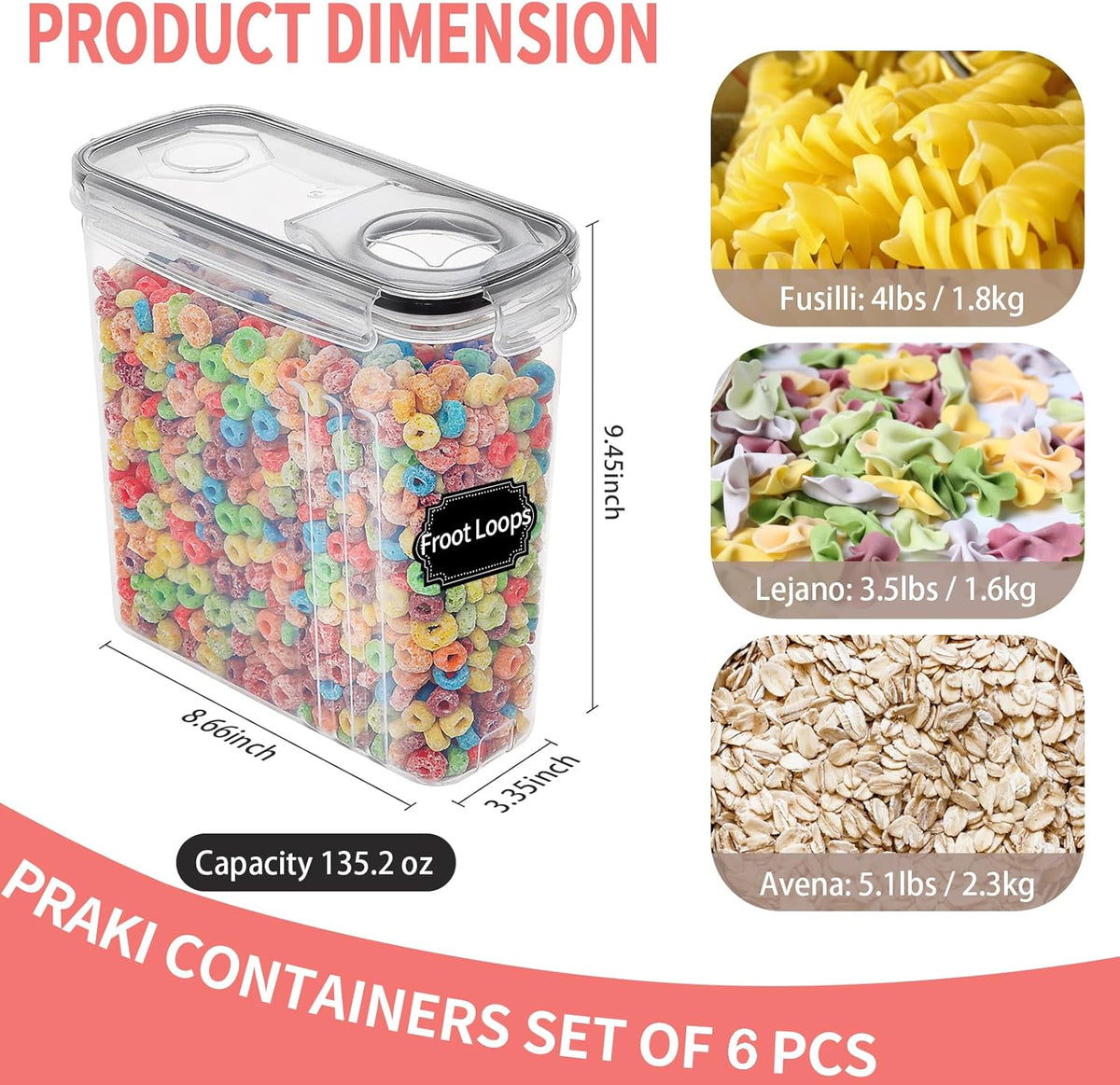 PRAKI Large Dry Food Storage Containers with Lids, 6PCS Airtight Cereal Containers Storage Set, Leak-proof Canister Set for Kitchen Pantry Organization with 20 Labels & Marker (4L Black)