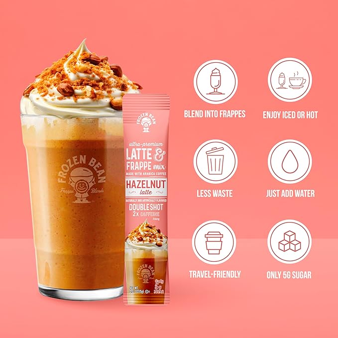 The Frozen Bean Hazelnut Frappe & Latte Instant Mix (10 Sticks), Made with Arabica Coffee, Double Shot Caffeine, Low Sugar & Premium Ingredients, Hot, Iced, or Blended Drinks