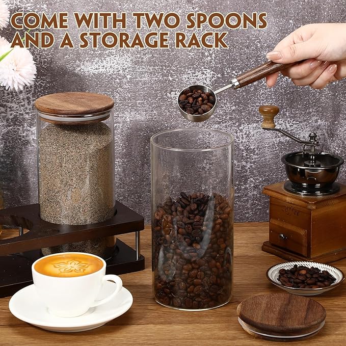 Suclain Glass Coffee Grounds Container with Shelf 2 x 44 oz Glass Coffee Bean Storage Canisters with Airtight Thread Lid and Measuring Spoon Food Storage Jars for Kitchen Sugar(Clear Style)