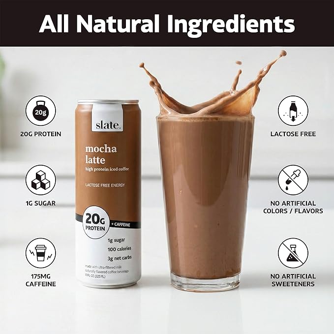 Slate Milk - High Protein Iced Coffee - Energy Variety Pack - Caramel Latte, Mocha Latte, Vanilla Latte - 175mg Caffeine, Lactose Free - 20g Protein, 1g Sugar - Protein Coffee - 11 fl oz, 12 Cans