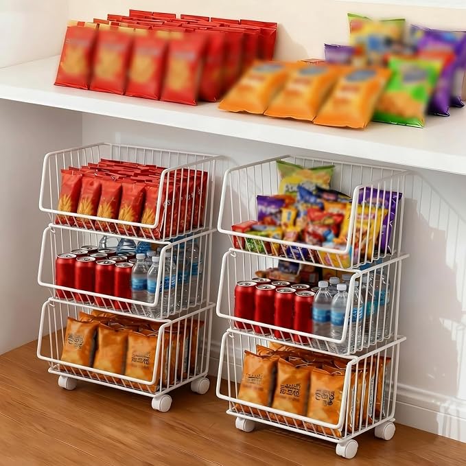 Maxdot 2 Pack 3 Tier Rolling Pantry Floor Organizer and Storage Cart with Wheels Stackable Pantry Metal Wire Baskets Kitchen Fruit Snacks Basket Stand for Kitchen Office Living Room (White)