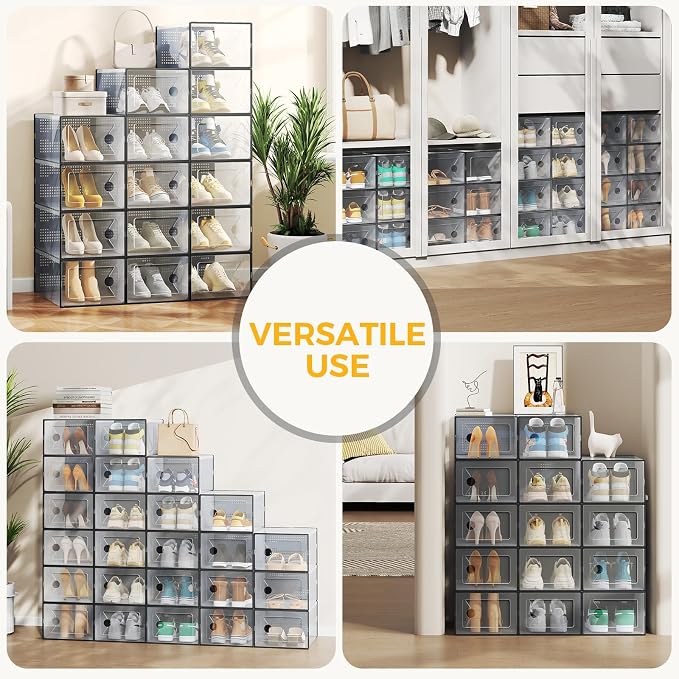 Sweetcrispy Shoe Storage Boxes, Clear Plastic Stackable Shoe Rack Organizer with Lids for Closet, Foldable Sneaker Container, Under Bed and Entryway, 12 Pack, Black