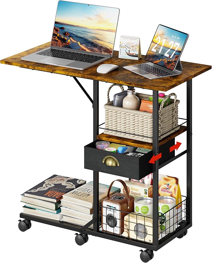 Rolling Coffee Table with Oversized Double-Wide Wood Top, Mobile Tv Tray with Storage Drawer and Wheels for Sofa, Portable Side Table for Living Room, Home Office, Spacious Desk for Working Studying