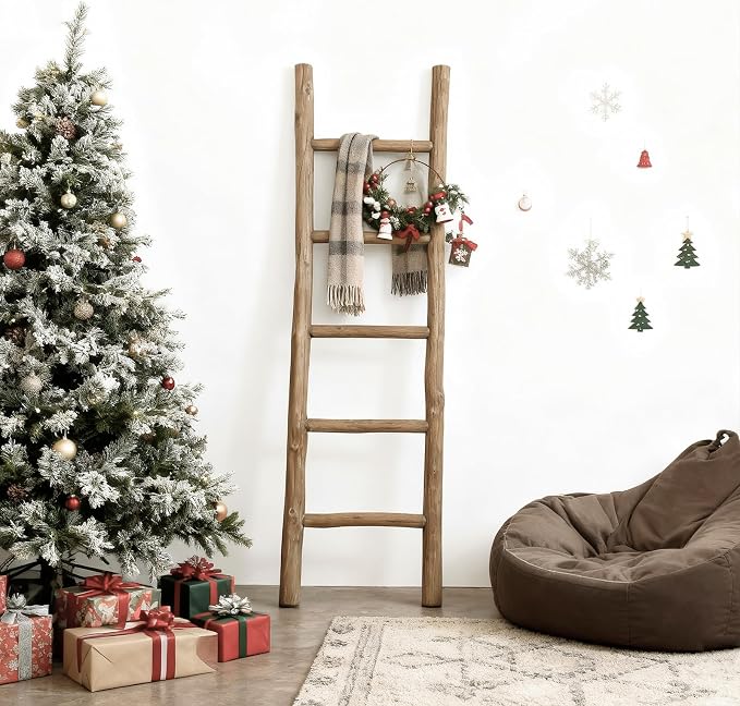 Wooden Blanket Ladder Natural & Motley Wood - Leaning Wall Decor for Bedroom, Bathroom, Living Room - Rustic Quilt Holder & Towel Rack (Natural Wood Brown, 57in | Fully Assembled)