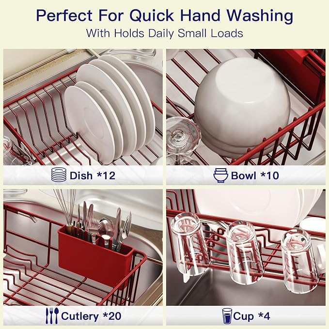 MAJALiS Red Dish Drying Rack Over The Sink with Utensil Holder, Mat | Expandable Stainless Steel Dish Drainer for Small Kitchen, Apartment, RV, Counter Space Saving, Perfect Fit, Rustproof