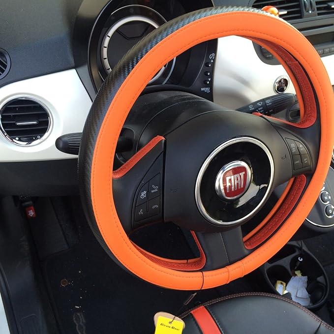 Jdragon Orange & Carbon Fiber Style PVC Leather Slip-On Steering Wheel Cover 14.25-15" Diameter