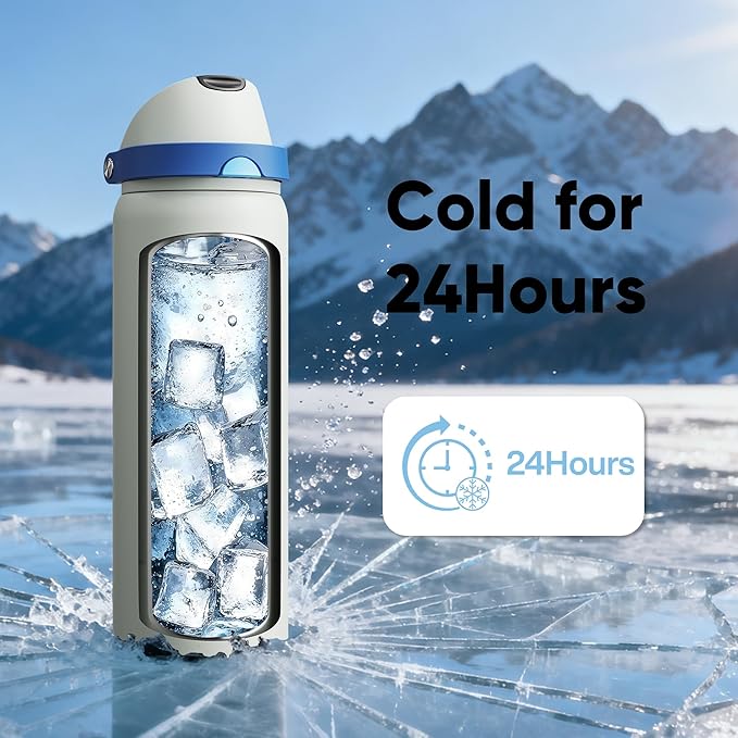 Insulated Water Bottle with Straw - Encool Stainless Steel Water Bottle with Push Button Lid, Leak-Proof & BPA-Free, Keeps Cold for 24 Hours for Sports, Travel, Gym (32 oz, Quill Grey-Blue)