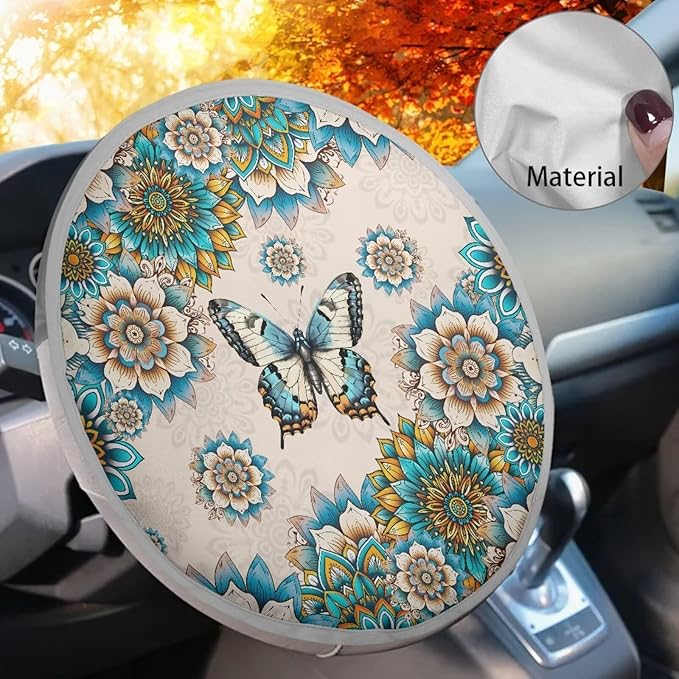 Washable Steering Wheel Sunshade Cover Bohemian Flower Butterfly Pattern Cooling Steering Wheel Sun Block 17"x17" Steering Wheel Covers Universal Fit Truck Van Car SUV