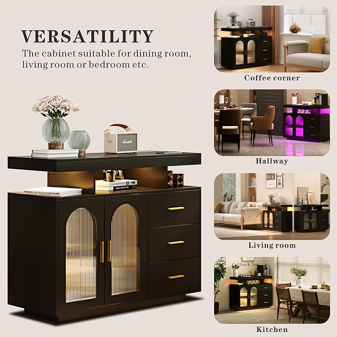 HWB LED Coffee Bar Cabinet - Sideboard Buffet withRGB Lights & Charging Station, Black