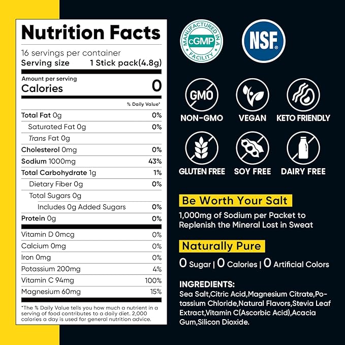 Venture Pal High Sodium Sugar Free Electrolytes Powder Packet, Zero Calories Hydration Packets with Vitamin, Sodium, Potassium & Magnesium, Electrolyte Drink Mix, Vegan, Keto Friendly, 30 Count