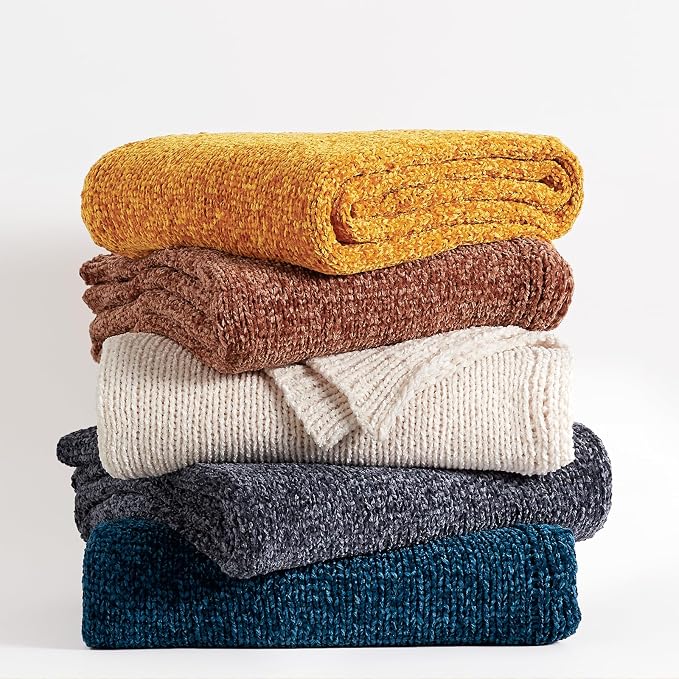 BOURINA Chenille Throw Blanket for Couch Sofa Chair Bed Home Decoration, Soft Warm Cozy Blanket for All Season（50" x 60", Yellow）