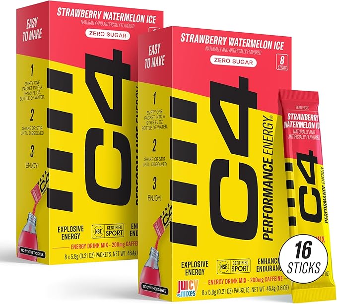 Juicy Mixes C4 Performance Energy, Strawberry Watermelon Ice Drink Mix, 200mg Caffeine, Zero Sugar, NSF (2 Boxes, 16 Sticks)