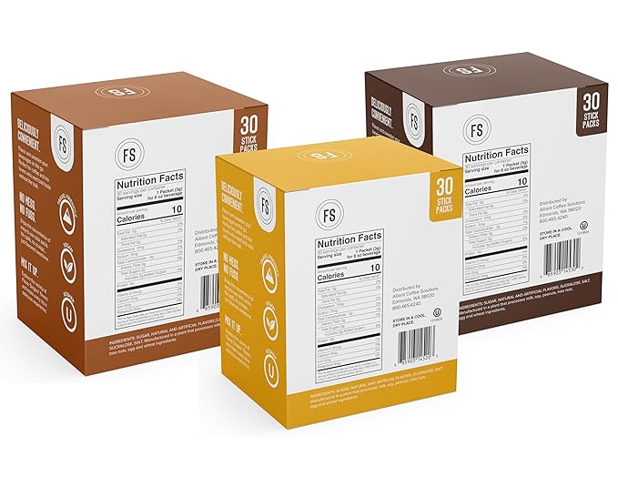 Flavor Singles Variety (Vanilla, Hazelnut & Caramel) Powdered Coffee & Tea Sweetener Packets, Travel Ready Single-Serve Syrup Alternative, 30 Count (Pack of 3)
