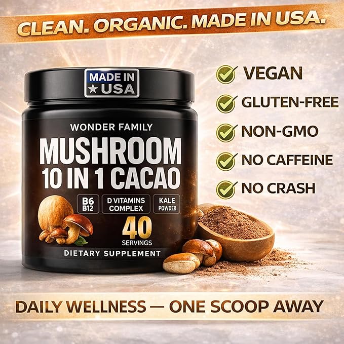 Instant Mushroom Powder 10:1 – Cordyceps Mushroom Supplement with Reishi, Chaga & Shiitake – Caffeine-Free Nighttime Drink with B6, B12, D + Probiotics – Mushroom Cacao Organic Blend (No Sweetener)