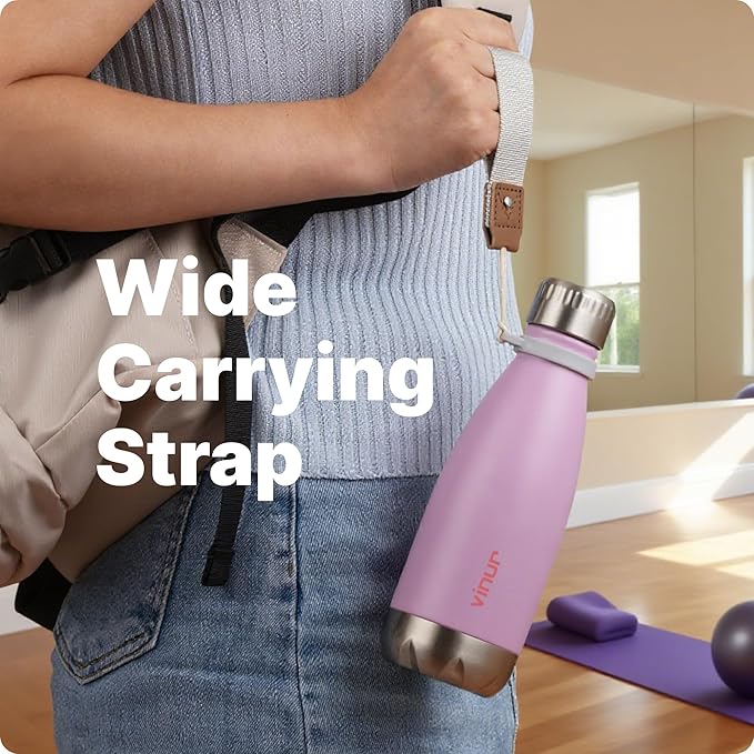 VINUR Kids Water Bottle-12 oz Stainless Steel Double Wall Vacuum Insulated Water Bottle for School-Cola Shape Flask with Carry Rope(Purple Pink)