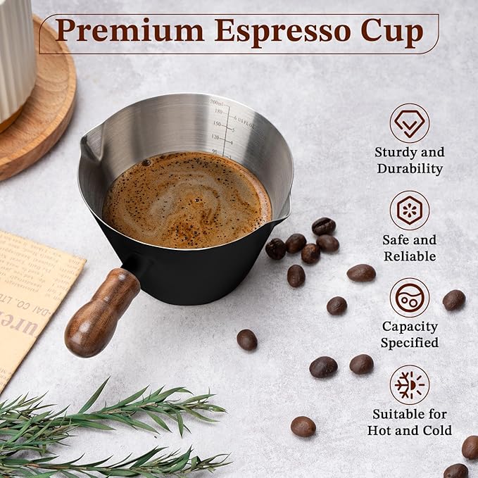 Espresso Cup, 6.8 oz/200 ml Stainless Steel Coffee Shot Measuring Cup with Wood Handle, Double V-Shaped Mouth and Clear Scale for Cappuccino Barista Coffee Bar Accessories, Black