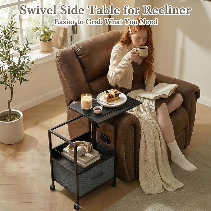 Faesun Swivel Lift Top Nightstand with Charging Station, Rolling Side Table for Recliner, Bedside Table with Wheels & a Fabric Drawer, for Small Spaces, for Bedroom, Living Room, Black Gray