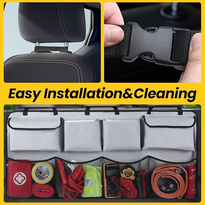 Car Backseat Hanging Trunk Organizer Extra-Long, 30% More Storage, 8 Large Pockets Car Storage Bag for SUV, Truck, Van – Super Capacity SUV Hanging Organizer for a Neat & Clutter-Free Space - Grey