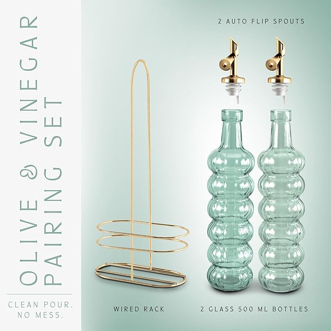 COOK WITH COLOR Glass Olive Oil Bottle Dispenser - 2 Pack- 17oz Oil and Vinegar Cruet - Olive Oil Carafe Decanter for Kitchen, Elegant Waves, Green