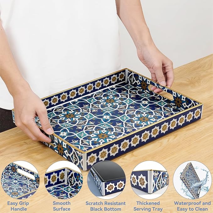 Coffee Table Trays for Living Room Serving Tray with Handles, Modern Large Tray for Ottoman Coffee Table