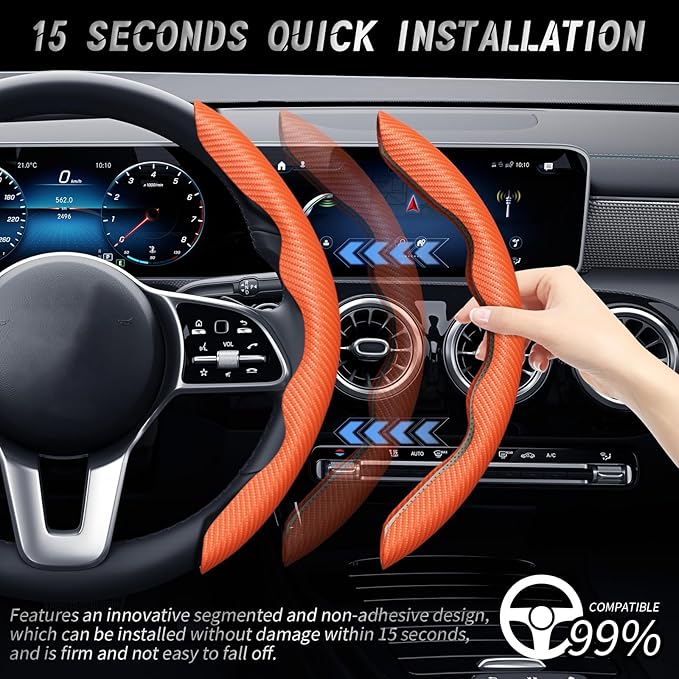 WOCOCN 2pcs Car Steering Wheel Cover,Anti-Skid Carbon Fiber Steering Wheel Protector for Men Women,Multiple Color Options,Universal for Most Car Interiors Accessories (Orange)