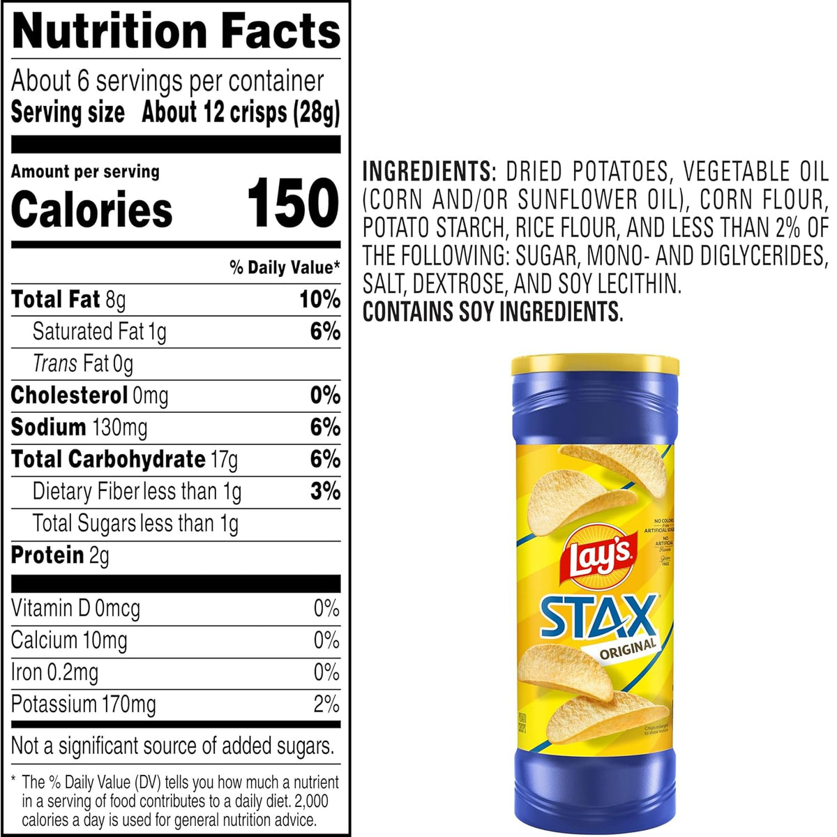 Lay’s Stax Potato Crisps Chips, Original, Gluten Free, 5.75 Oz Canister Pack