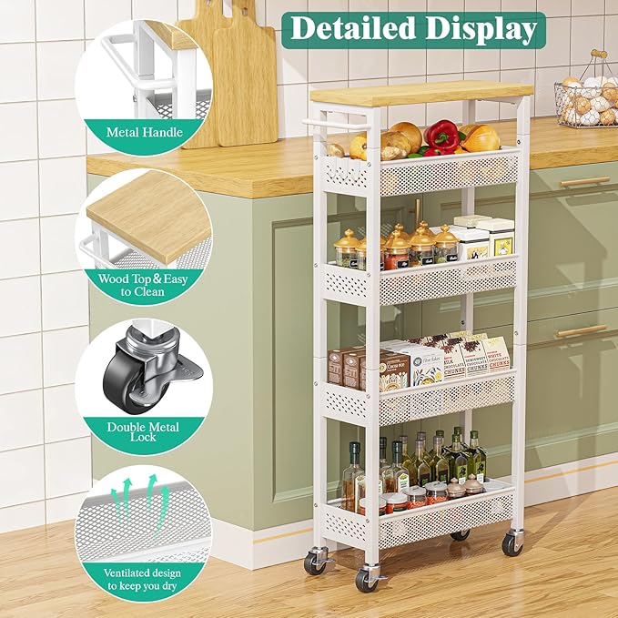 Giwil Slim Storage Cart 5 Tier Narrow Kitchen Rolling Cart on Wheels for Small Space, Metal Utility Cart Narrow Bathroom Storage Cabinet Mobile Shelf Unit Organizer with Wood Top and Handle, White