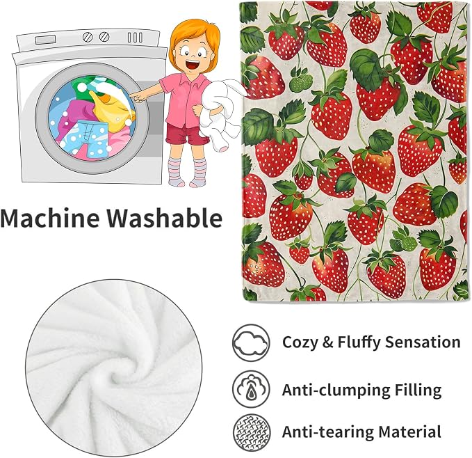 Strawberry Blanket Lush Red Strawberries Throw Blankets with Green Leaves,Birthday Gifts for Kids Adult Women,Lightweight Soft Fleece,for Sofa Couch Bed Room Farmhouse Decor 60x80in