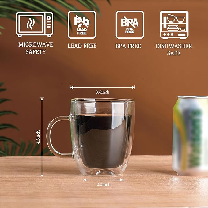 Double Wall Insulated Glass Coffee Mugs set of 4-13 oz Clear Hand Blown Glass Coffee Cups with Handle for Cappuccino, Latte,Espresso,Tea Bags,Americano,Beverages, Gifts for Christmas
