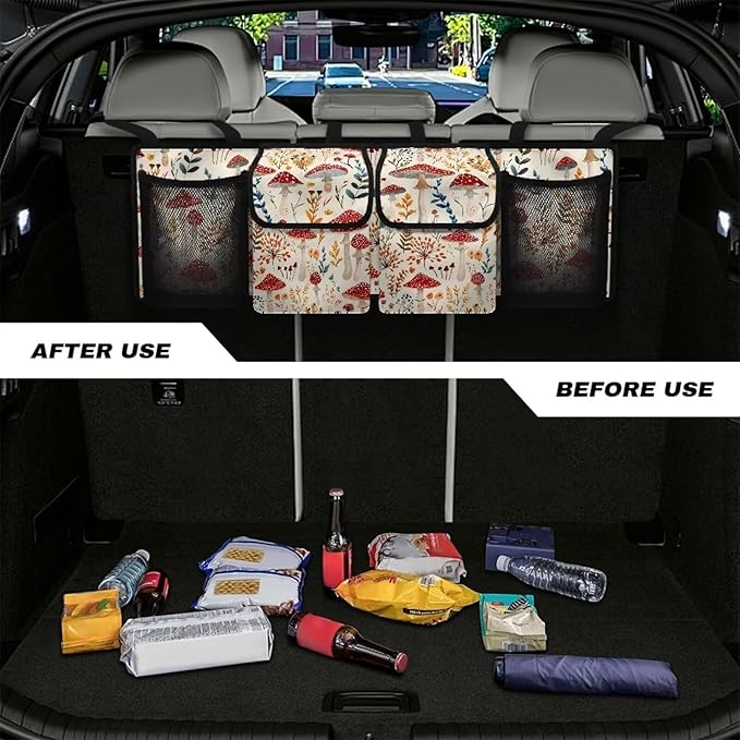 Car Trunk Organizers, Mushroom Backseat Hanging Organizer with 4 Large Storage Bag, Waterproof Car Organizer with Adjustable Strap, Road Trip Large Capacity Bag