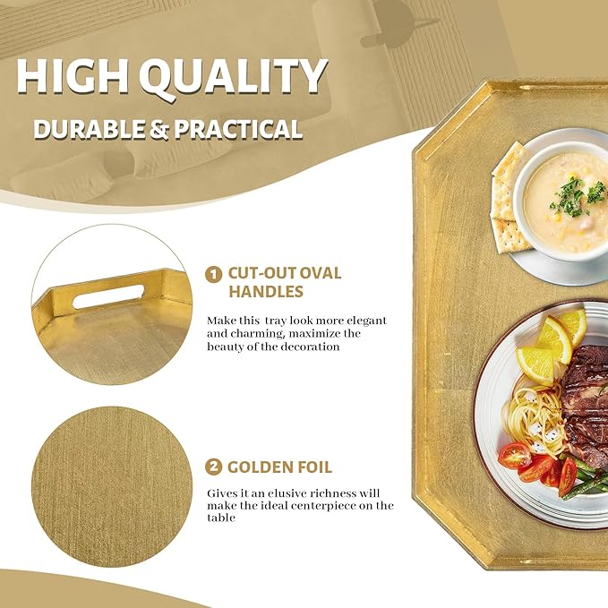 MAONAME Gold Decorative Tray with Handles, Foil Serving Tray for Ottoman, Octagonal Coffee Table Trays for Living Room, Bathroom, 16.5" L x 12.2" W x 1.6" H