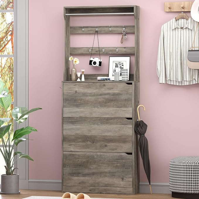 BORNOON Shoe Cabinet with 3 Flip Drawers & Coat Rack, Narrow Hidden Shoe Storage Cabinet, 2-in-1 Hall Tree Slim Freestanding Shoe Rack Organizer for Entryway, Hallway, and Living Room