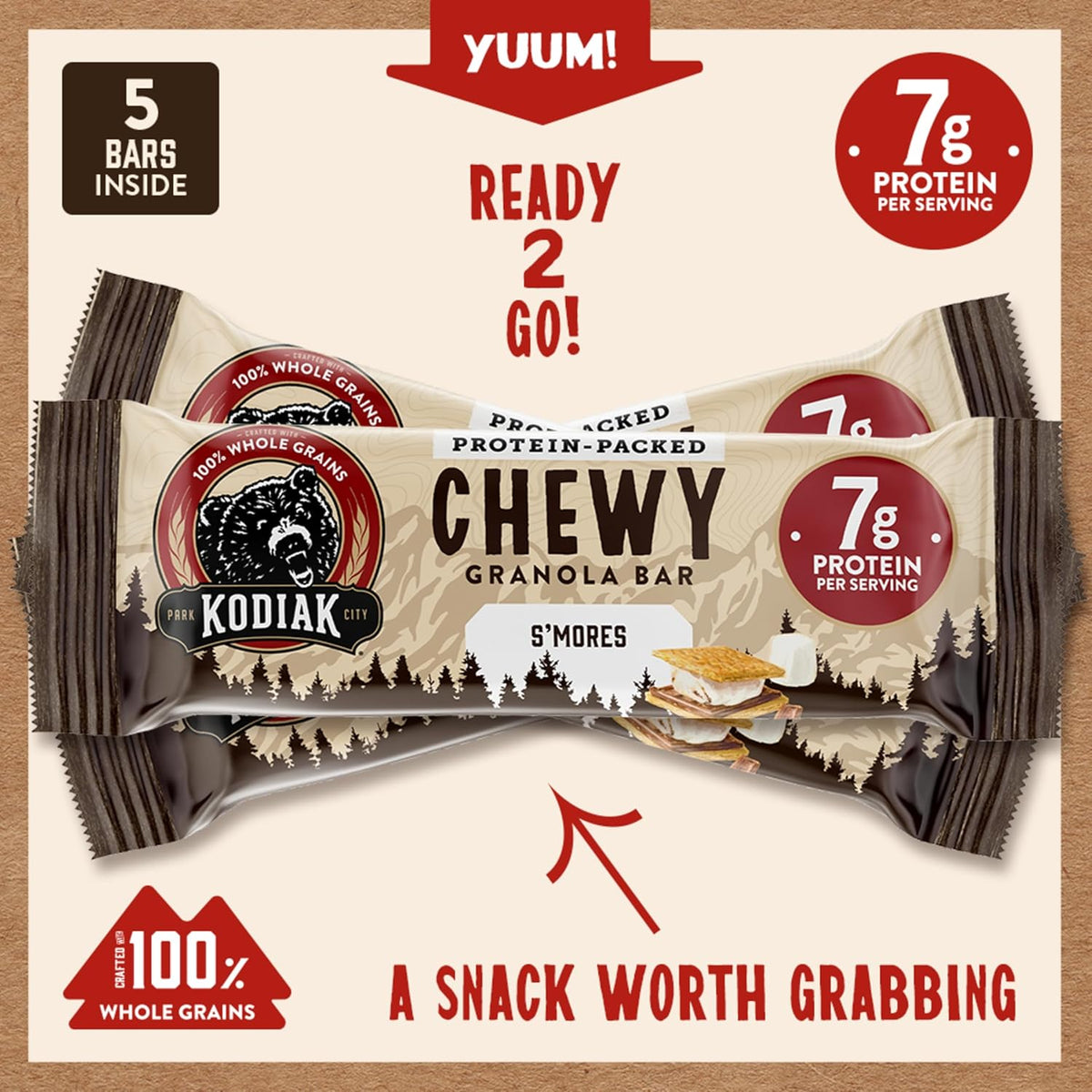 Kodiak Cakes Protein Chewy Granola Bar, S'mores, (Pack of 4 Boxes)