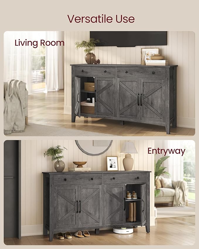 VASAGLE LIRY Collection - Buffet Cabinet, Coffee Bar Cabinet with 2 Drawers, Adjustable Shelves, Sideboard Storage with Cable Holes, Drawer Dividers, Misty Gray UBBK381GW01S
